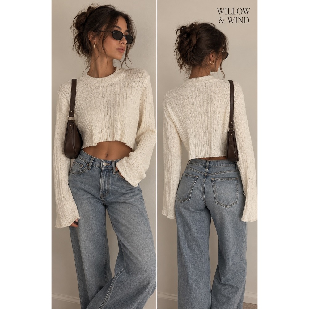 Womens S Ivory Cropped Ribbed Knit Sweater Long Sleeve Coquette Minimalist